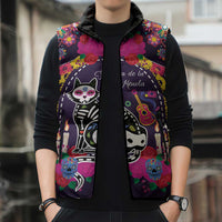 Mexico Day Of The Dead Sleeveless Puffer Jacket Cat Skeleton Dia De Los Meowtos - Wonder Print Shop
