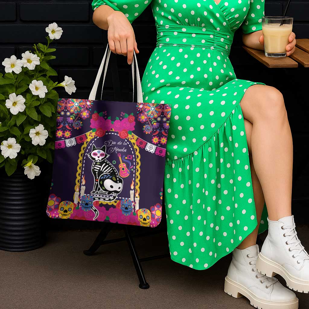 Mexico Day Of The Dead Tote Bag Cat Skeleton Dia De Los Meowtos - Wonder Print Shop