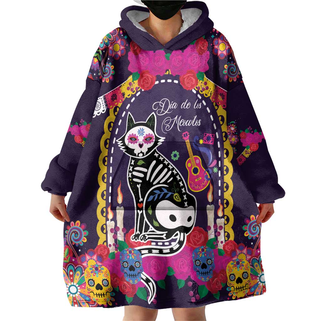 Mexico Day Of The Dead Wearable Blanket Hoodie Cat Skeleton Dia De Los Meowtos - Wonder Print Shop