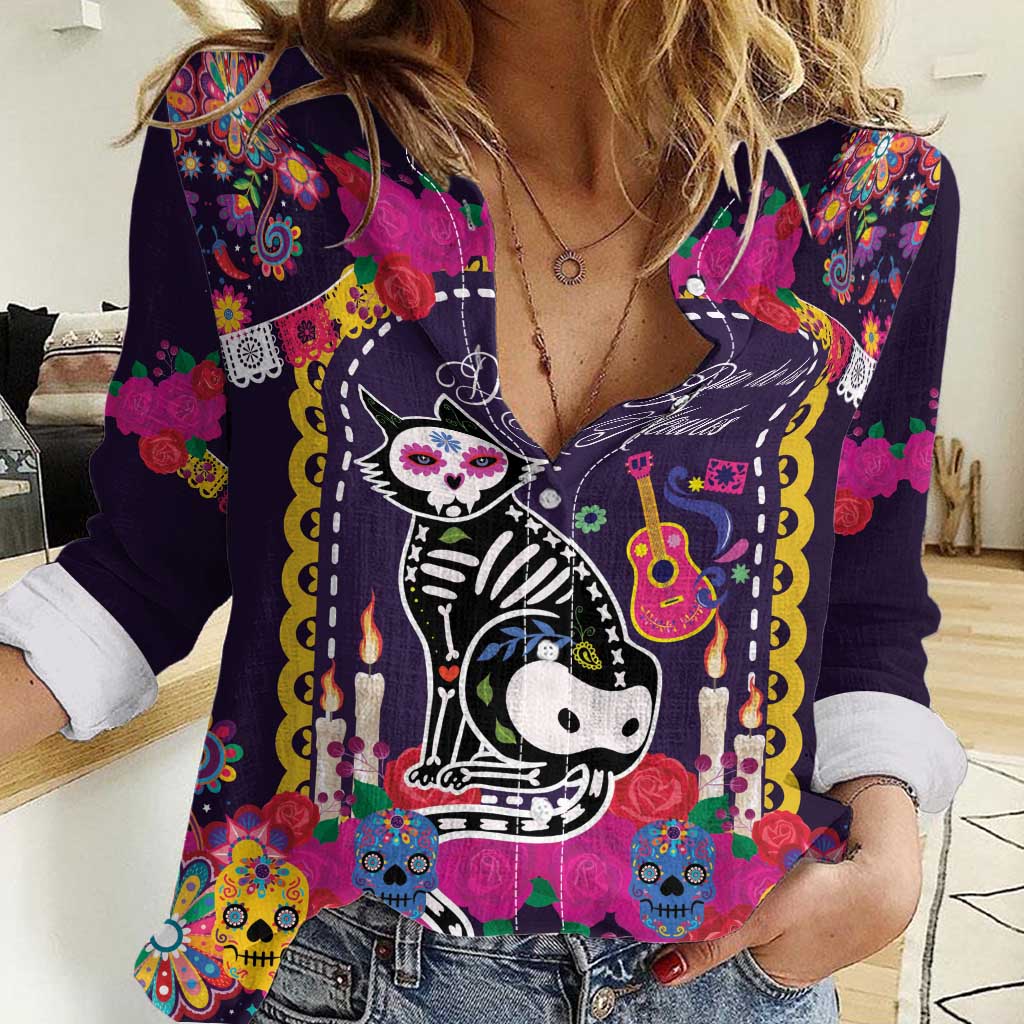 Mexico Day Of The Dead Women Casual Shirt Cat Skeleton Dia De Los Meowtos - Wonder Print Shop