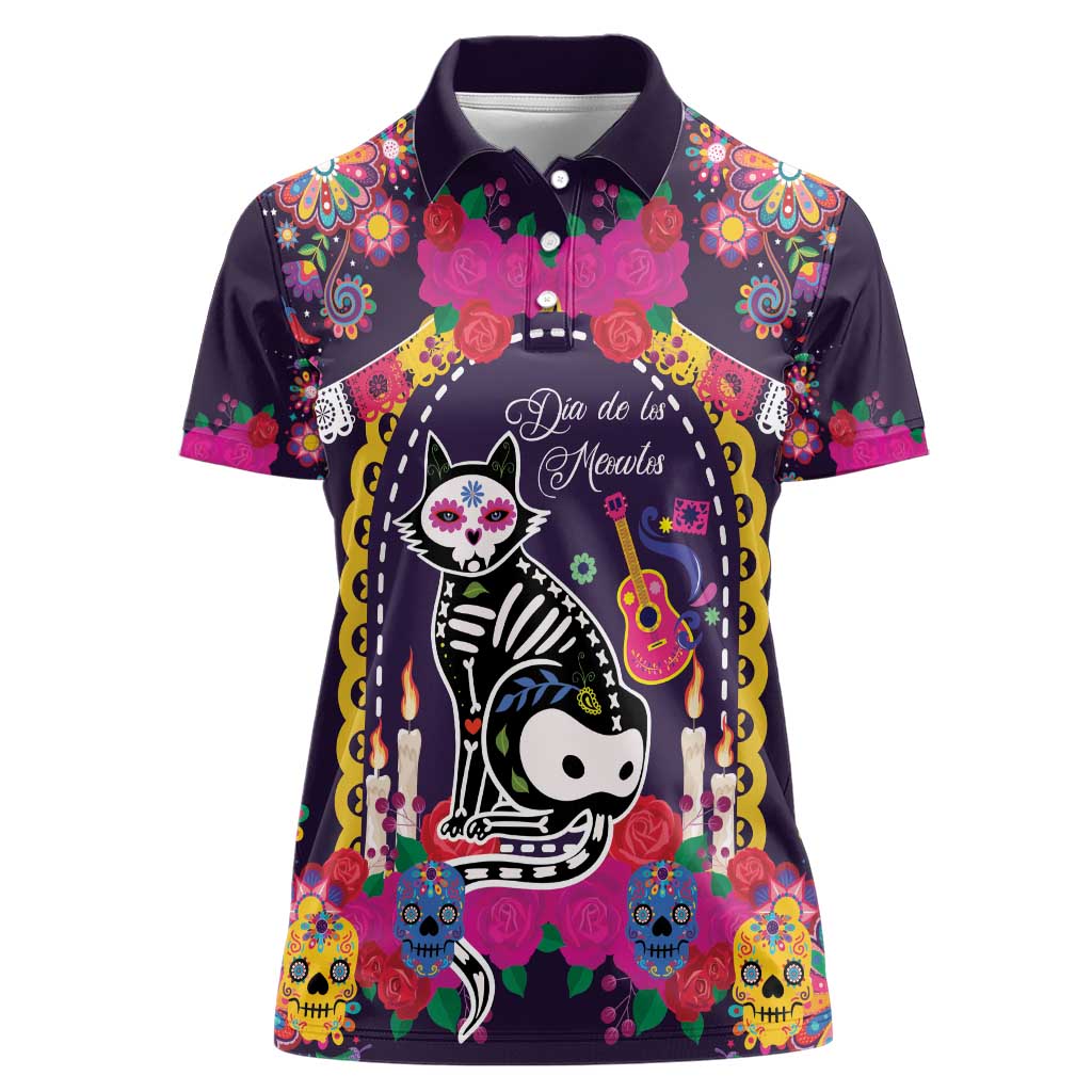 Mexico Day Of The Dead Women Polo Shirt Cat Skeleton Dia De Los Meowtos - Wonder Print Shop