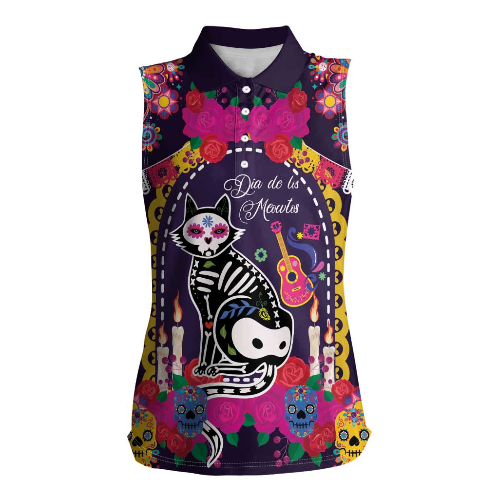 Mexico Day Of The Dead Women Sleeveless Polo Shirt Cat Skeleton Dia De Los Meowtos - Wonder Print Shop