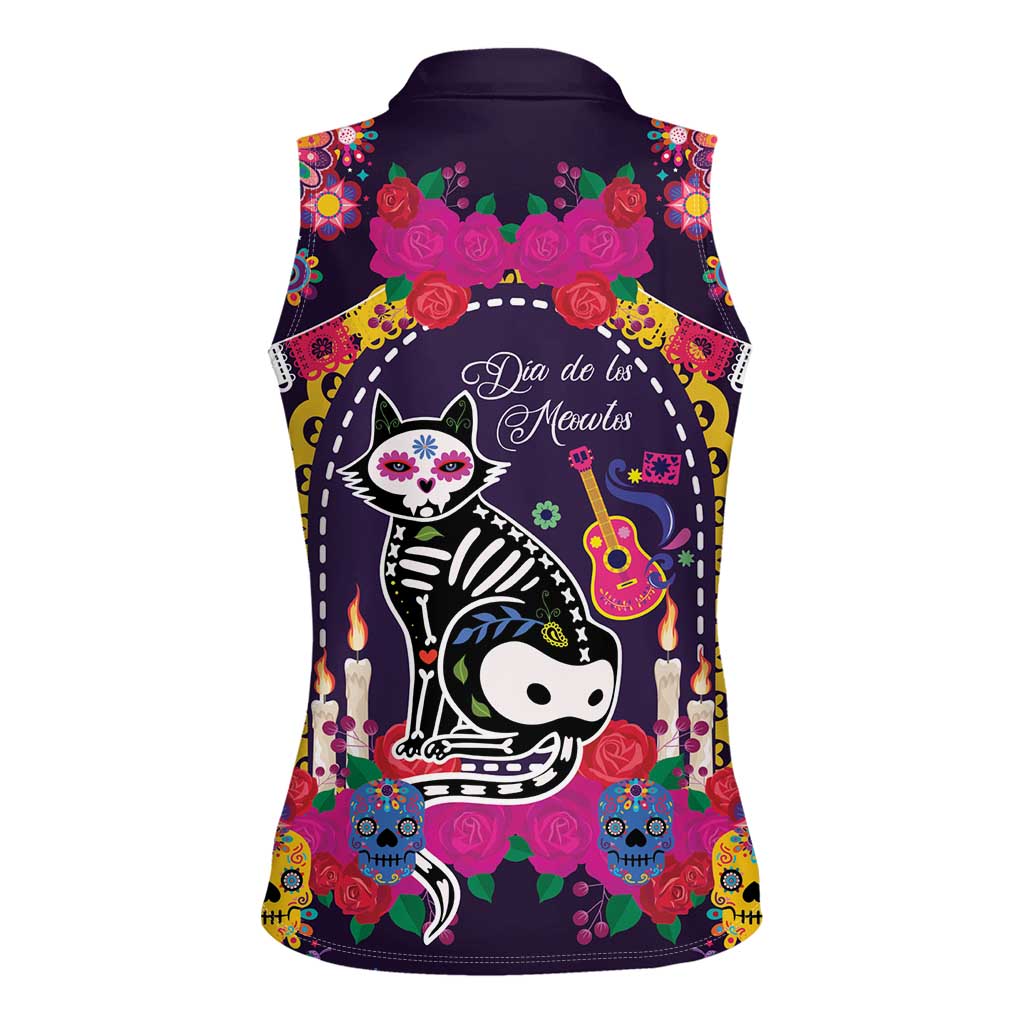 Mexico Day Of The Dead Women Sleeveless Polo Shirt Cat Skeleton Dia De Los Meowtos - Wonder Print Shop