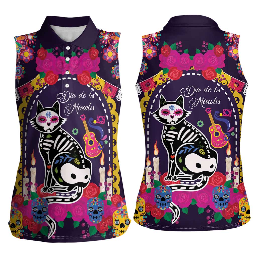 Mexico Day Of The Dead Women Sleeveless Polo Shirt Cat Skeleton Dia De Los Meowtos - Wonder Print Shop