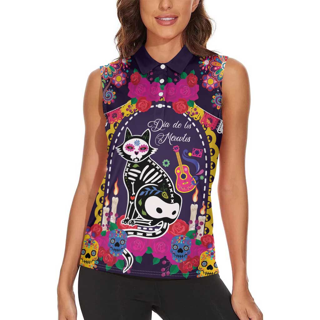 Mexico Day Of The Dead Women Sleeveless Polo Shirt Cat Skeleton Dia De Los Meowtos - Wonder Print Shop