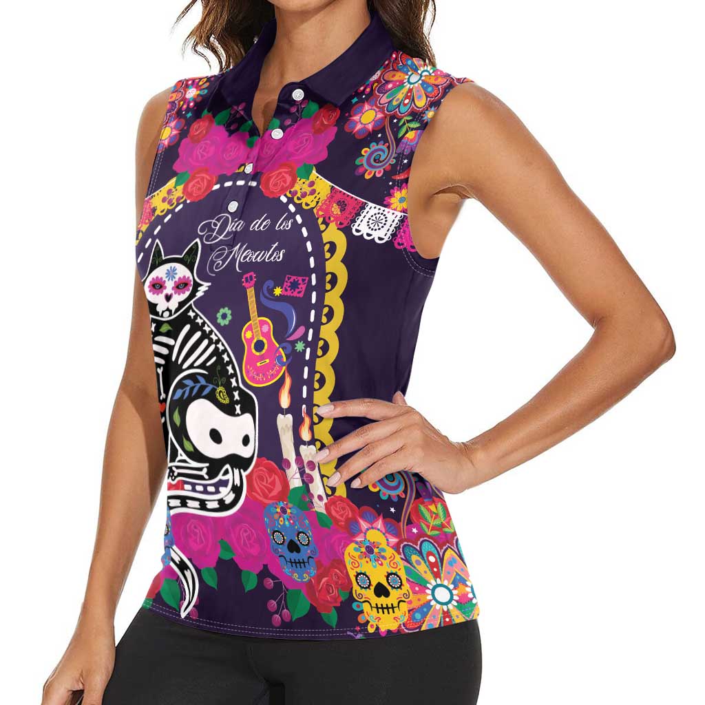 Mexico Day Of The Dead Women Sleeveless Polo Shirt Cat Skeleton Dia De Los Meowtos - Wonder Print Shop