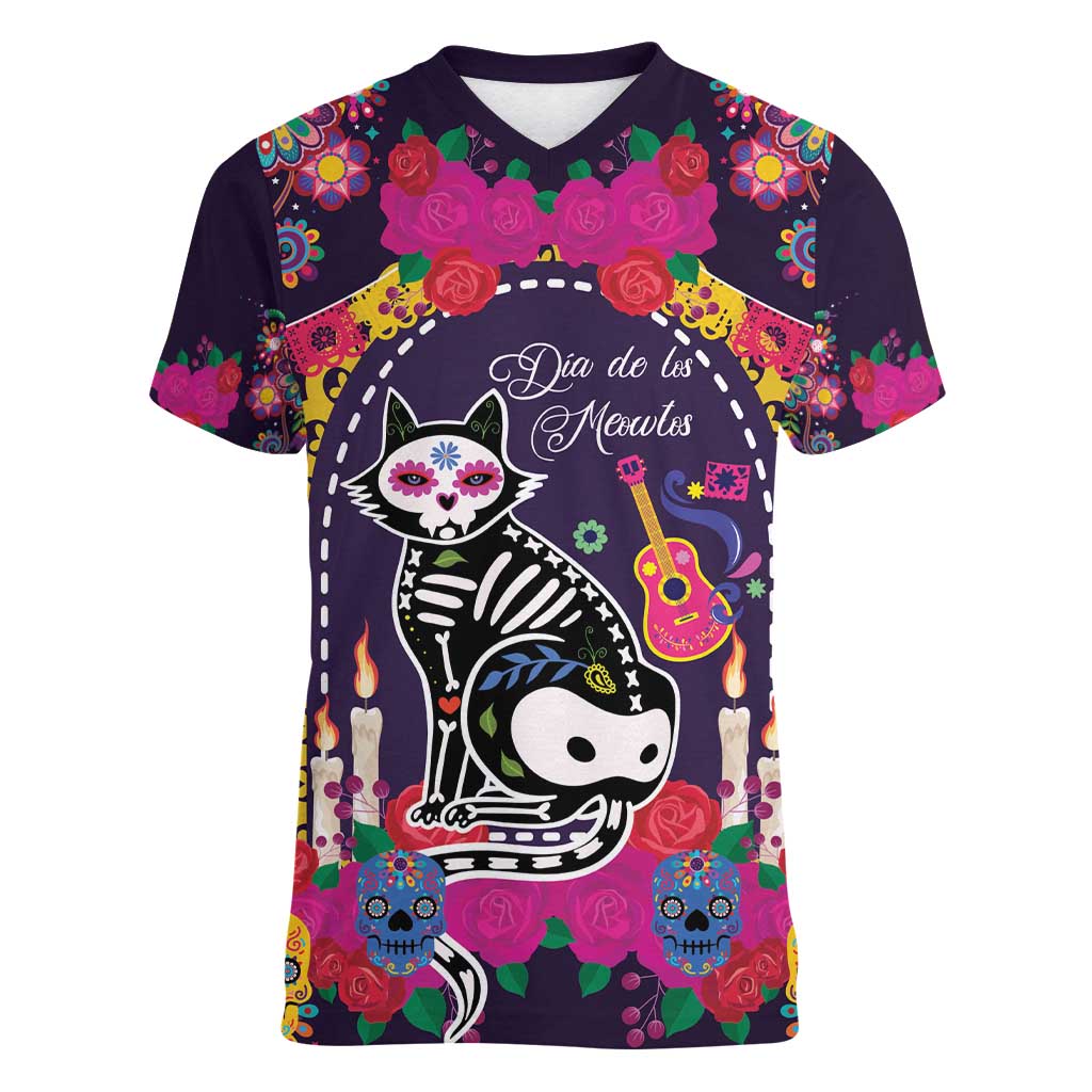 Mexico Day Of The Dead Women V-Neck T-Shirt Cat Skeleton Dia De Los Meowtos - Wonder Print Shop