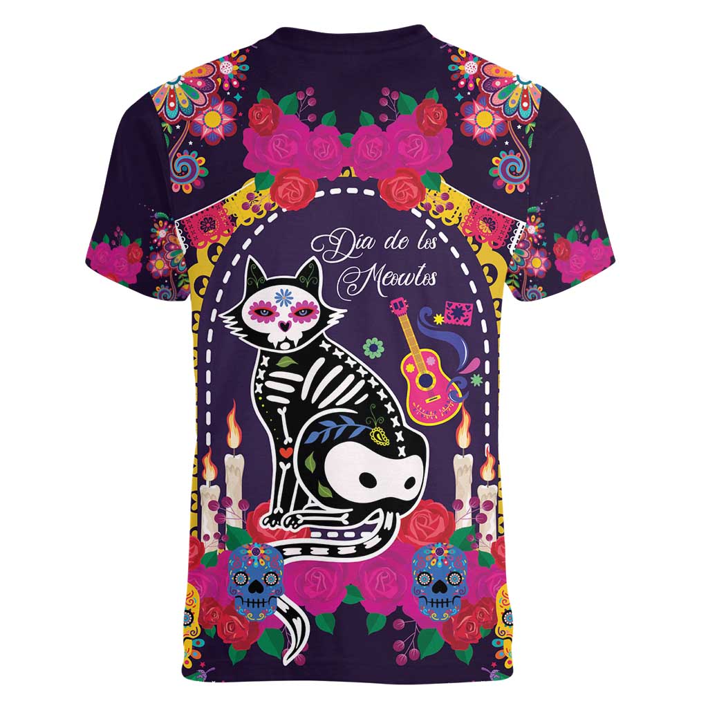 Mexico Day Of The Dead Women V-Neck T-Shirt Cat Skeleton Dia De Los Meowtos - Wonder Print Shop