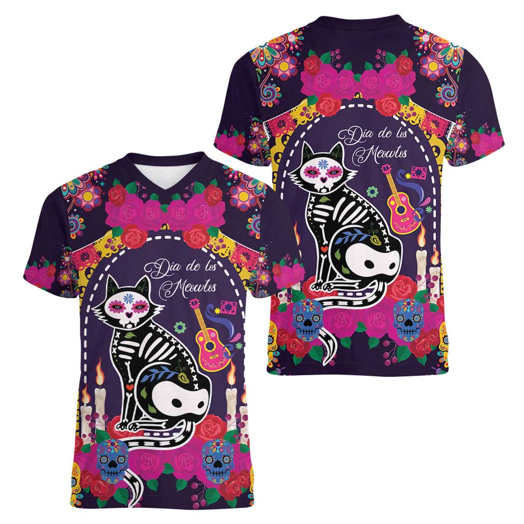Mexico Day Of The Dead Women V-Neck T-Shirt Cat Skeleton Dia De Los Meowtos - Wonder Print Shop