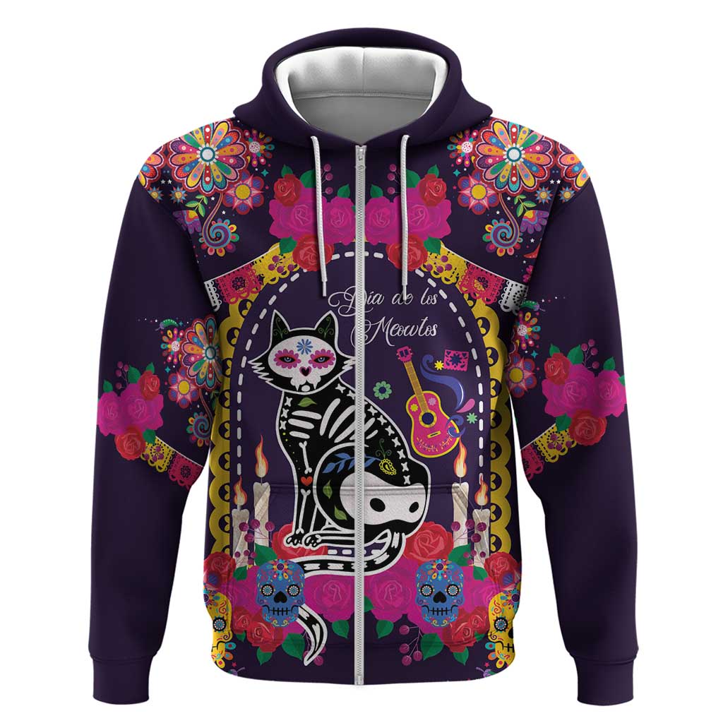 Mexico Day Of The Dead Zip Hoodie Cat Skeleton Dia De Los Meowtos - Wonder Print Shop