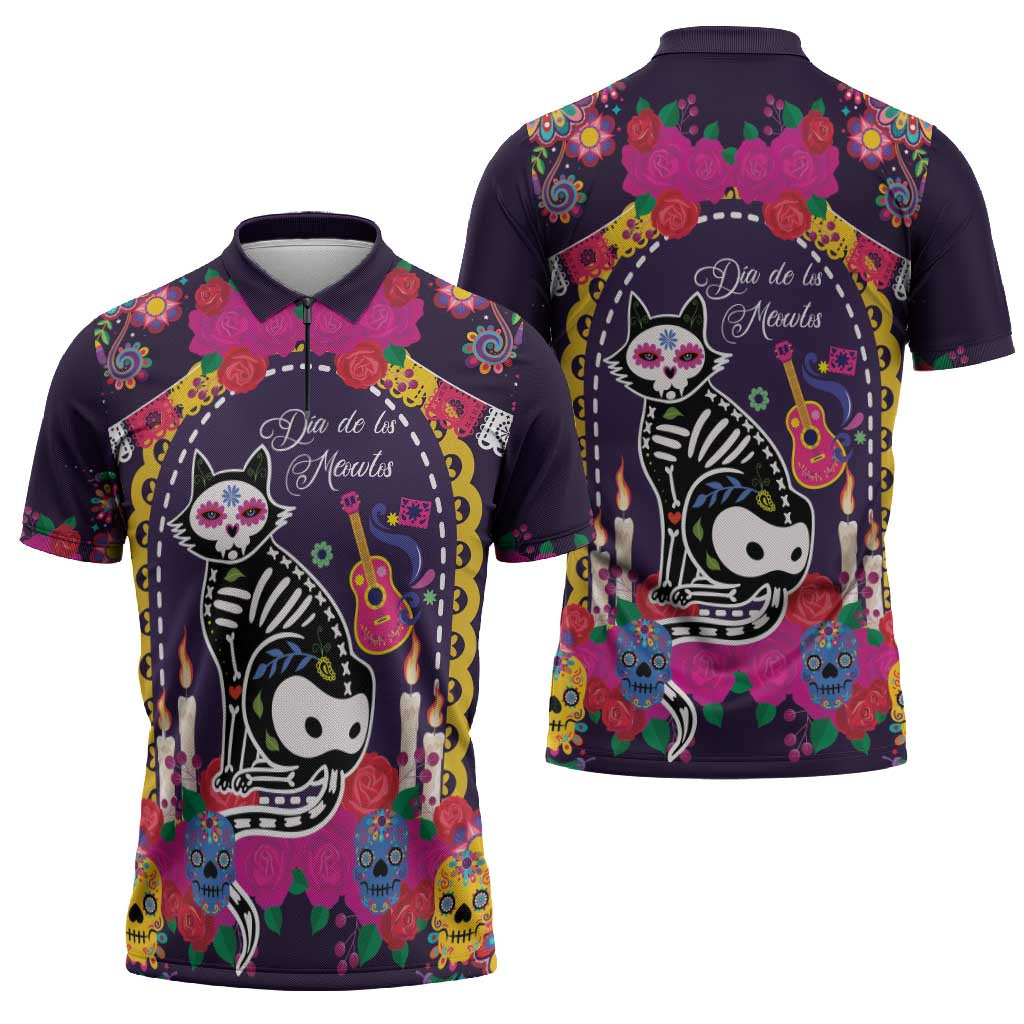 Mexico Day Of The Dead Zipper Polo Shirt Cat Skeleton Dia De Los Meowtos - Wonder Print Shop