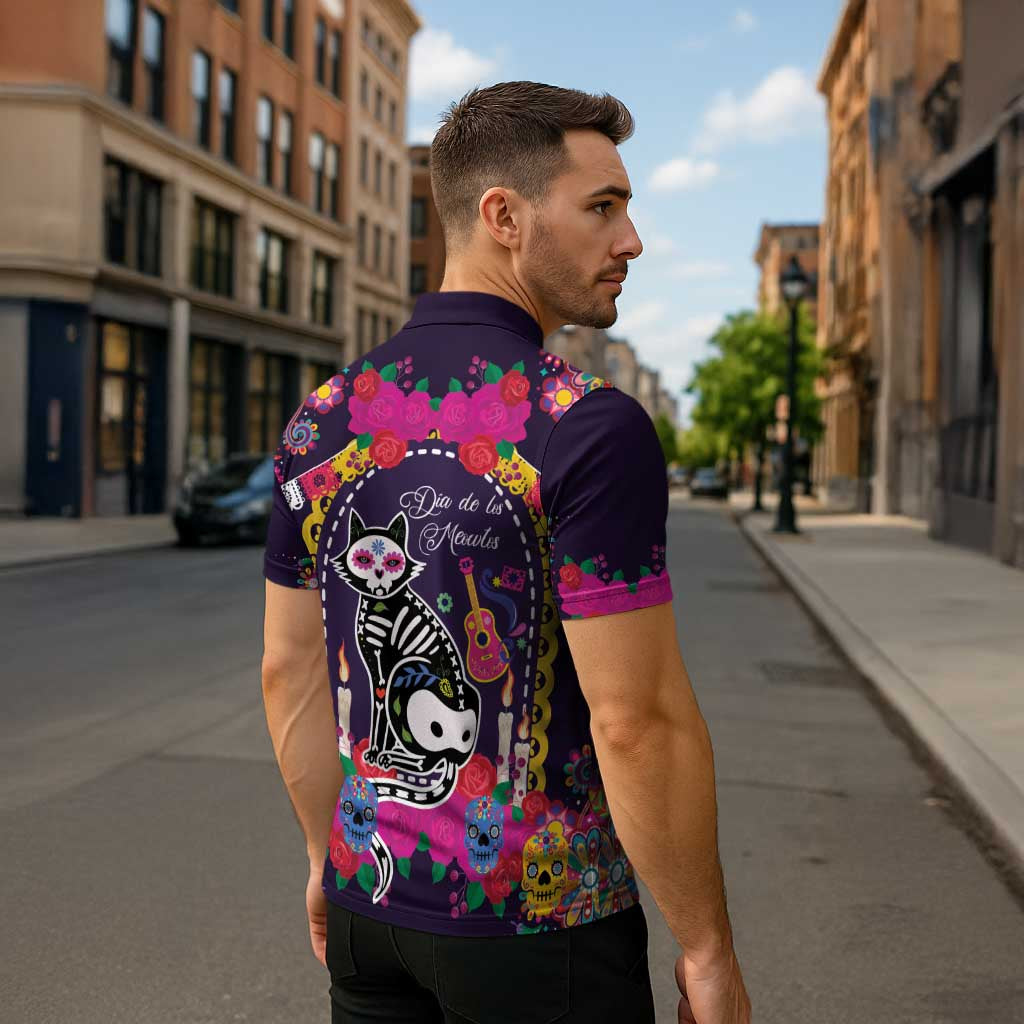 Mexico Day Of The Dead Zipper Polo Shirt Cat Skeleton Dia De Los Meowtos - Wonder Print Shop