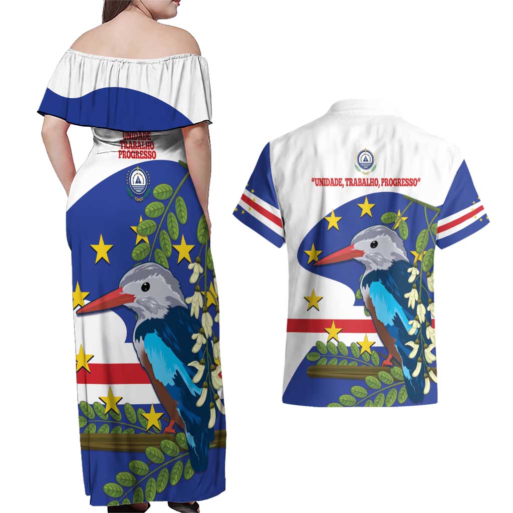 Cape Verde Couples Matching Off Shoulder Maxi Dress and Hawaiian Shirt Grey-Headed Kingfisher Mix Honey Locust - Wonder Print Shop