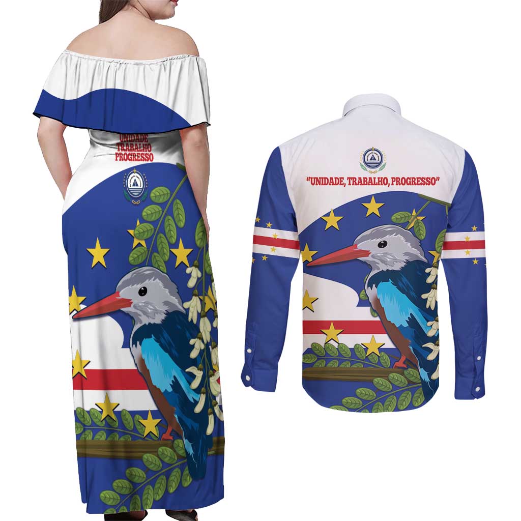 Cape Verde Couples Matching Off Shoulder Maxi Dress and Long Sleeve Button Shirt Grey-Headed Kingfisher Mix Honey Locust - Wonder Print Shop