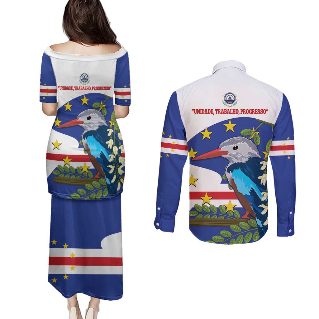 Cape Verde Couples Matching Puletasi and Long Sleeve Button Shirt Grey-Headed Kingfisher Mix Honey Locust - Wonder Print Shop