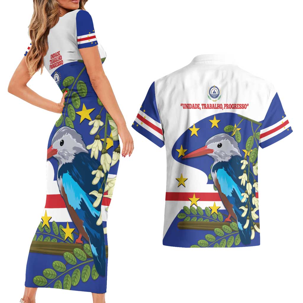 Cape Verde Couples Matching Short Sleeve Bodycon Dress and Hawaiian Shirt Grey-Headed Kingfisher Mix Honey Locust - Wonder Print Shop