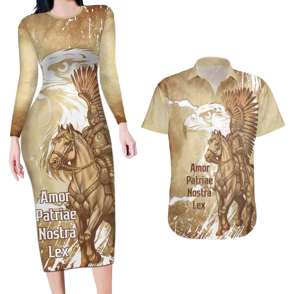 Winged Hussars Poland Couples Matching Long Sleeve Bodycon Dress and Hawaiian Shirt Amor Patriae Nostra Lex Polska Eagle