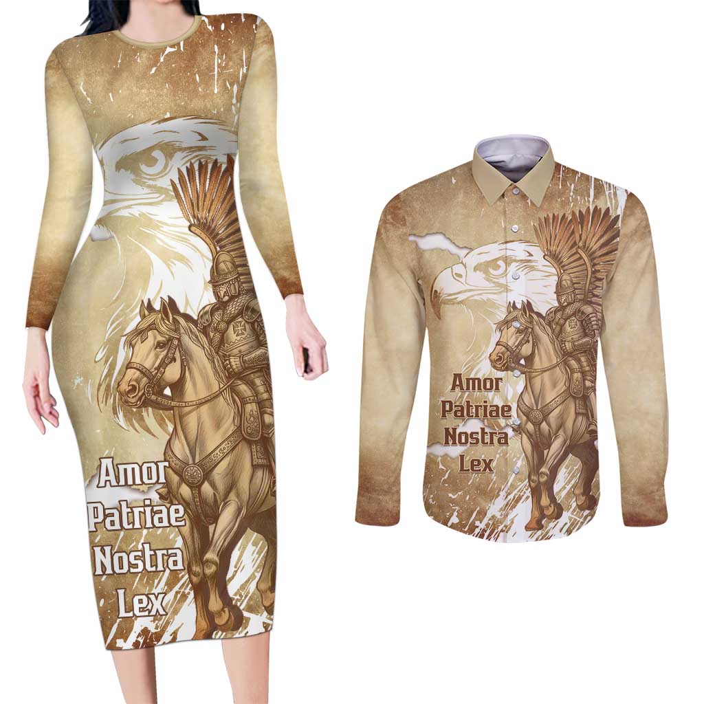 Winged Hussars Poland Couples Matching Long Sleeve Bodycon Dress and Long Sleeve Button Shirt Amor Patriae Nostra Lex Polska Eagle