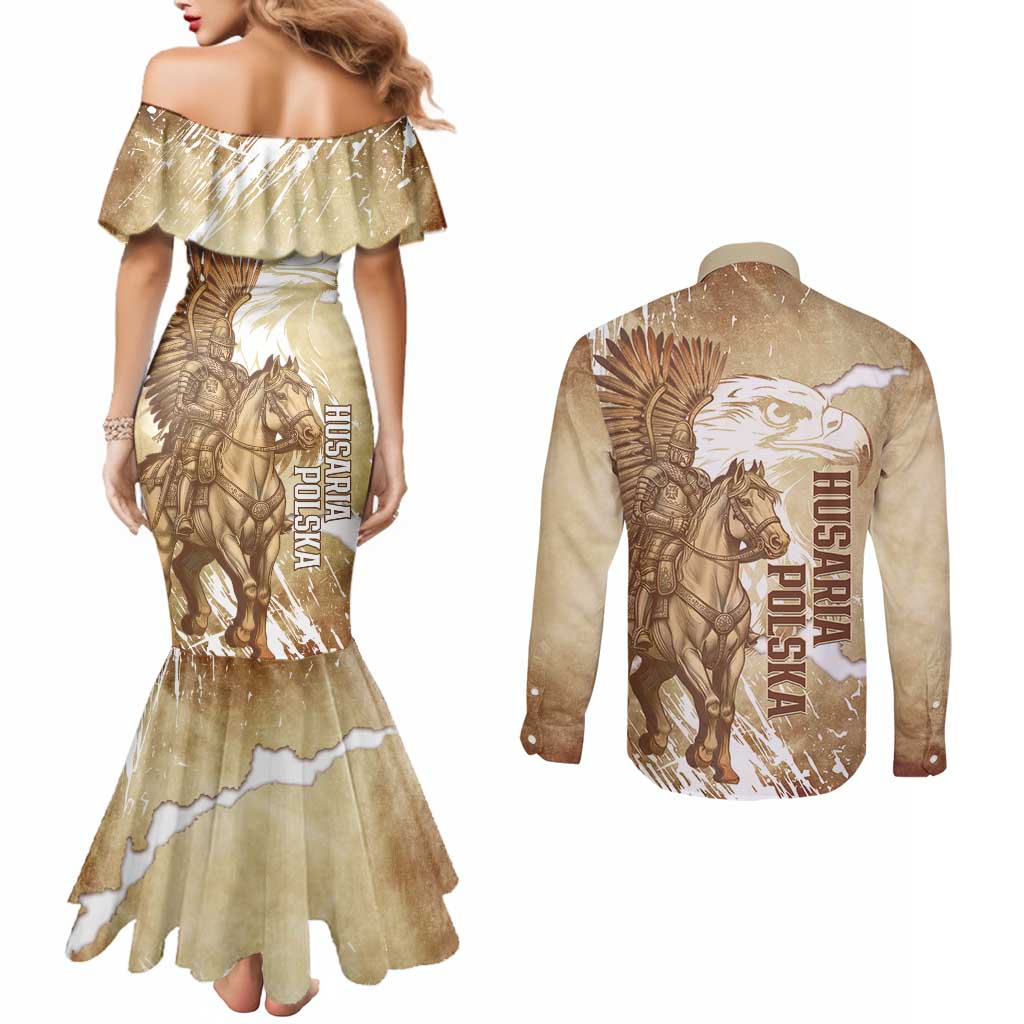 Winged Hussars Poland Couples Matching Mermaid Dress and Long Sleeve Button Shirt Amor Patriae Nostra Lex Polska Eagle