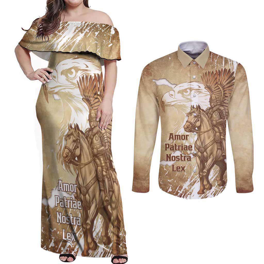 Winged Hussars Poland Couples Matching Off Shoulder Maxi Dress and Long Sleeve Button Shirt Amor Patriae Nostra Lex Polska Eagle