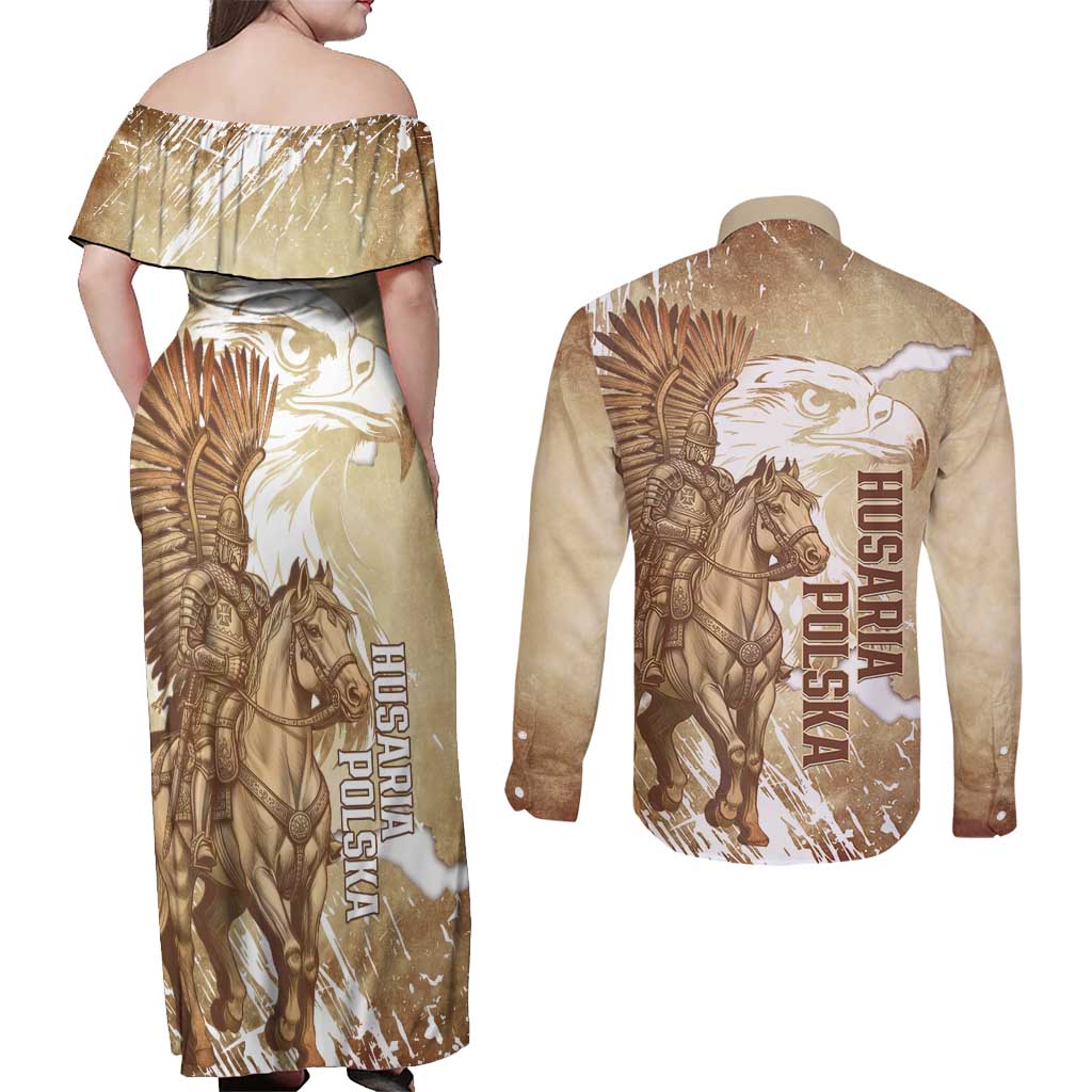 Winged Hussars Poland Couples Matching Off Shoulder Maxi Dress and Long Sleeve Button Shirt Amor Patriae Nostra Lex Polska Eagle