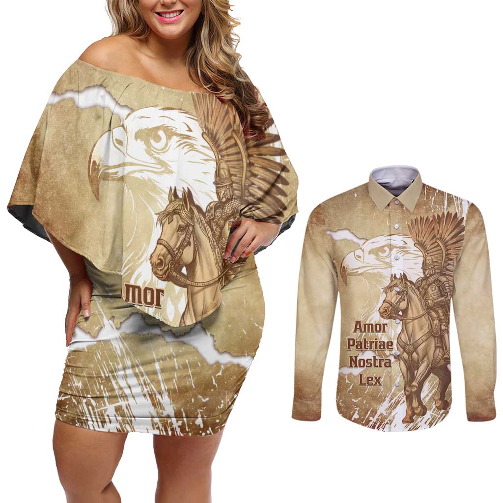 Winged Hussars Poland Couples Matching Off Shoulder Short Dress and Long Sleeve Button Shirt Amor Patriae Nostra Lex Polska Eagle