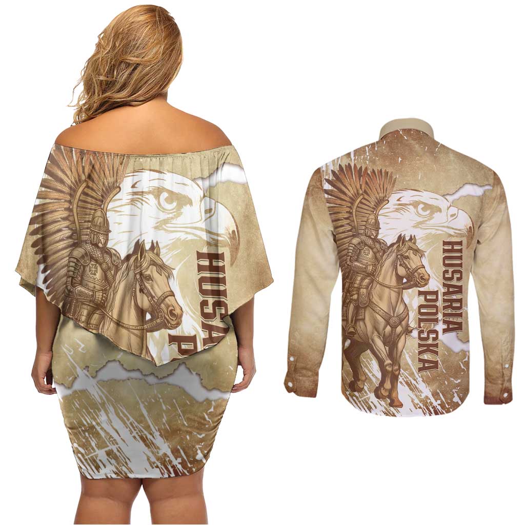 Winged Hussars Poland Couples Matching Off Shoulder Short Dress and Long Sleeve Button Shirt Amor Patriae Nostra Lex Polska Eagle