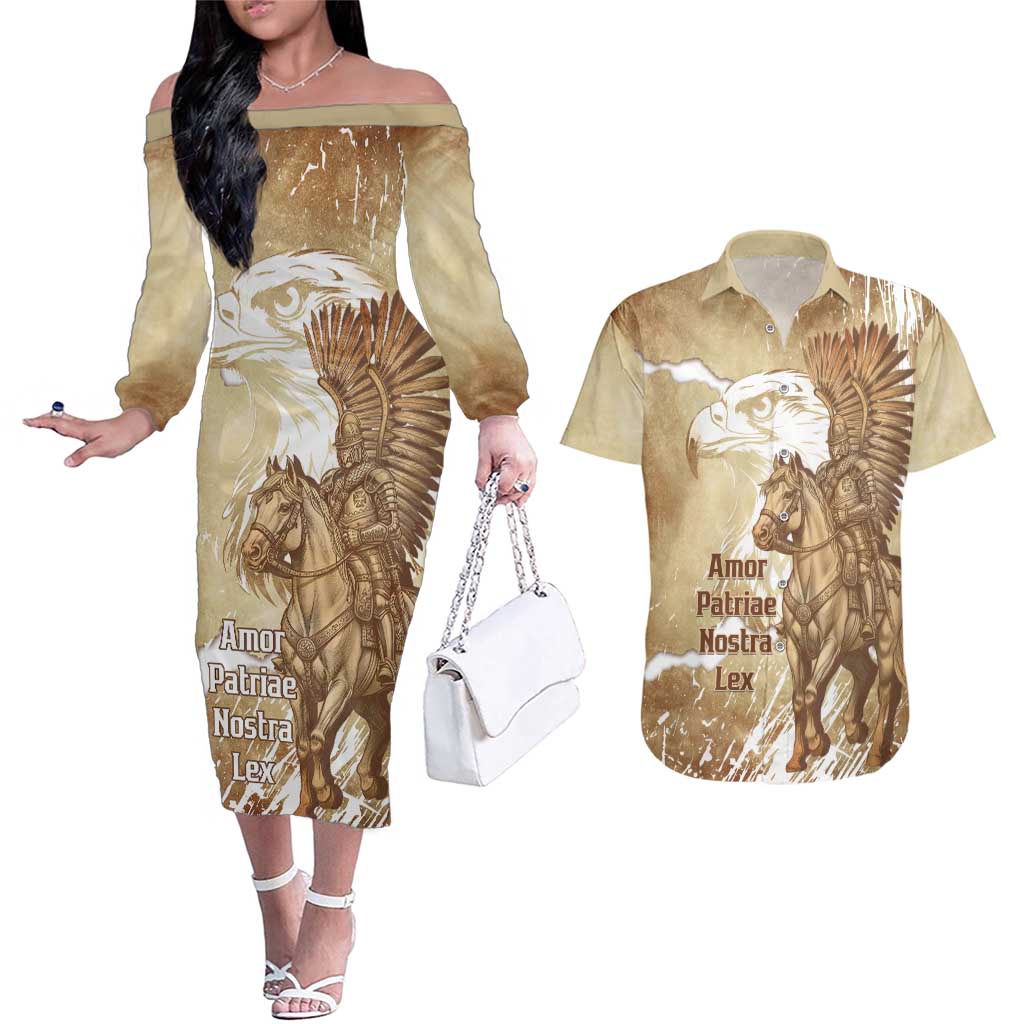 Winged Hussars Poland Couples Matching Off The Shoulder Long Sleeve Dress and Hawaiian Shirt Amor Patriae Nostra Lex Polska Eagle