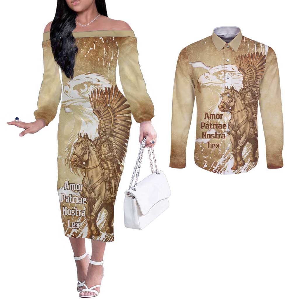Winged Hussars Poland Couples Matching Off The Shoulder Long Sleeve Dress and Long Sleeve Button Shirt Amor Patriae Nostra Lex Polska Eagle