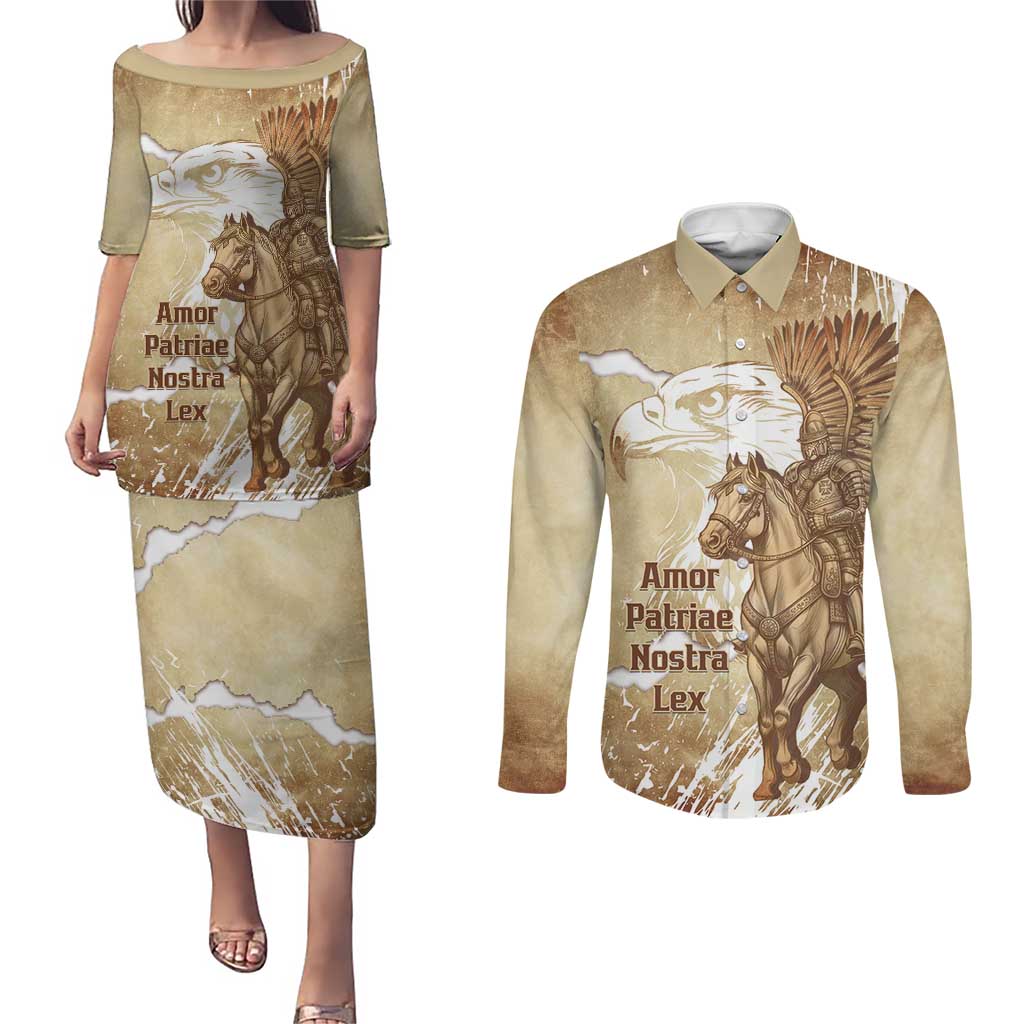 Winged Hussars Poland Couples Matching Puletasi and Long Sleeve Button Shirt Amor Patriae Nostra Lex Polska Eagle