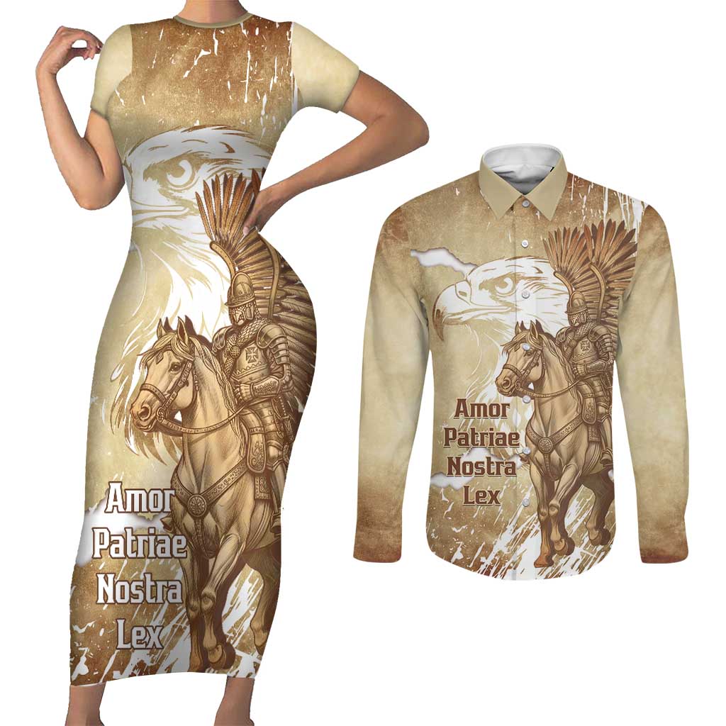 Winged Hussars Poland Couples Matching Short Sleeve Bodycon Dress and Long Sleeve Button Shirt Amor Patriae Nostra Lex Polska Eagle