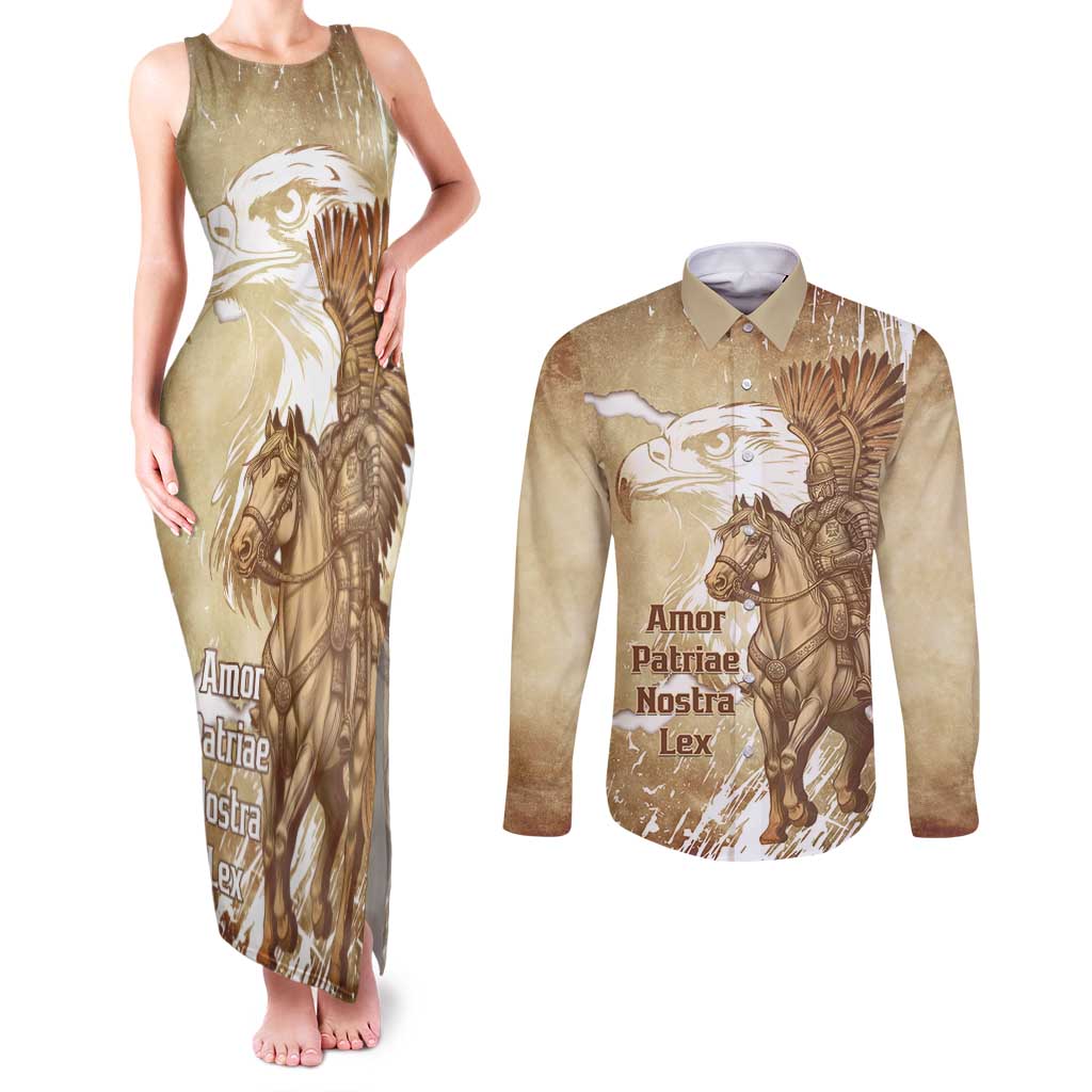 Winged Hussars Poland Couples Matching Tank Maxi Dress and Long Sleeve Button Shirt Amor Patriae Nostra Lex Polska Eagle