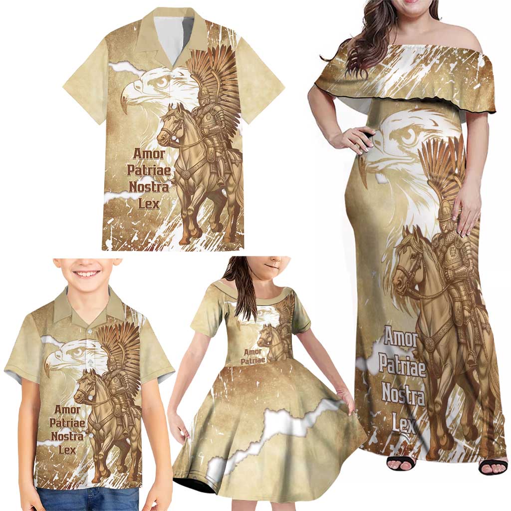 Winged Hussars Poland Family Matching Off Shoulder Maxi Dress and Hawaiian Shirt Amor Patriae Nostra Lex Polska Eagle
