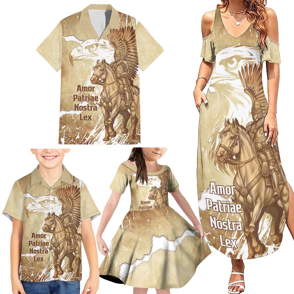 Winged Hussars Poland Family Matching Summer Maxi Dress and Hawaiian Shirt Amor Patriae Nostra Lex Polska Eagle