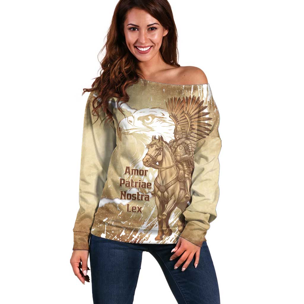 Winged Hussars Poland Off Shoulder Sweater Amor Patriae Nostra Lex Polska Eagle