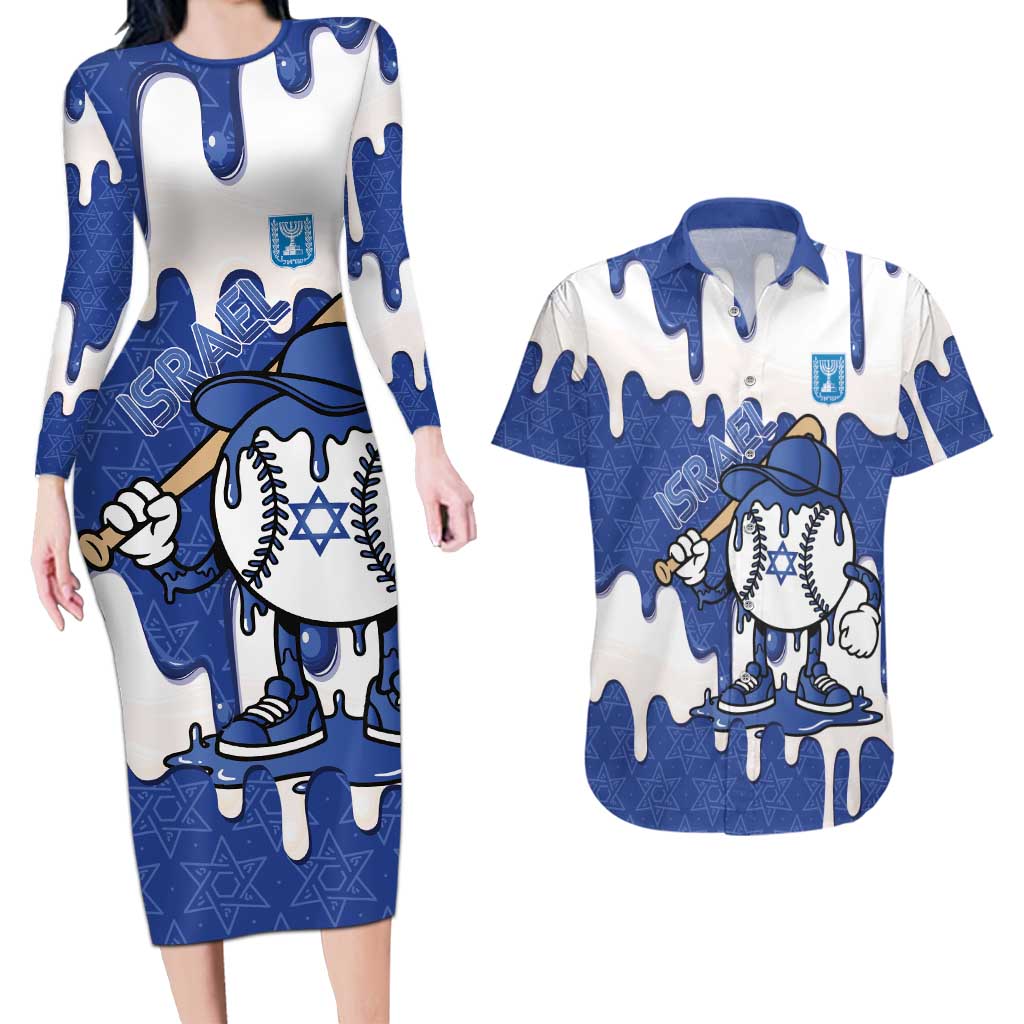 Israel 2026 Baseball Personalised Couples Matching Long Sleeve Bodycon Dress and Hawaiian Shirt Star of David Pattern Drip Style