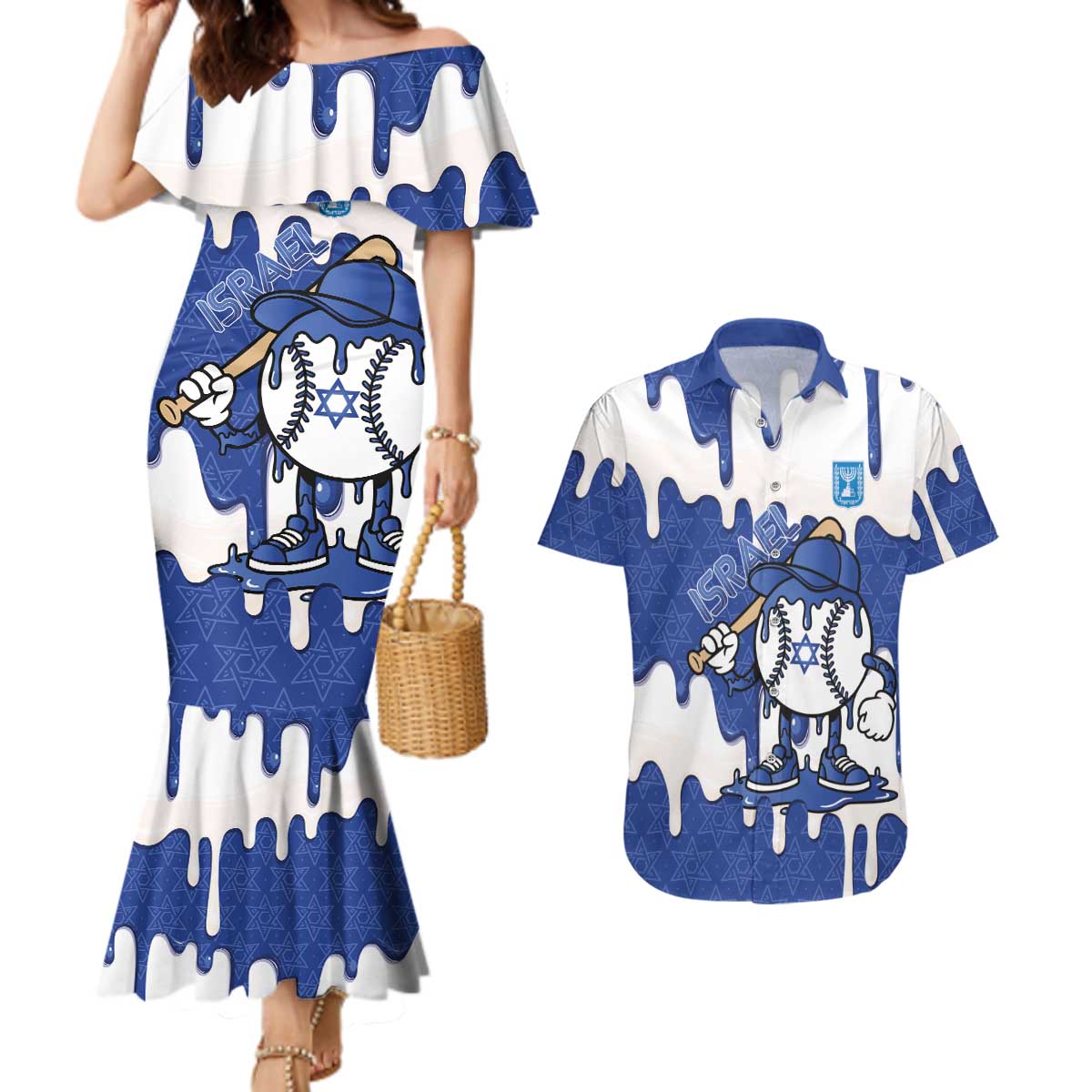 Israel 2026 Baseball Personalised Couples Matching Mermaid Dress and Hawaiian Shirt Star of David Pattern Drip Style