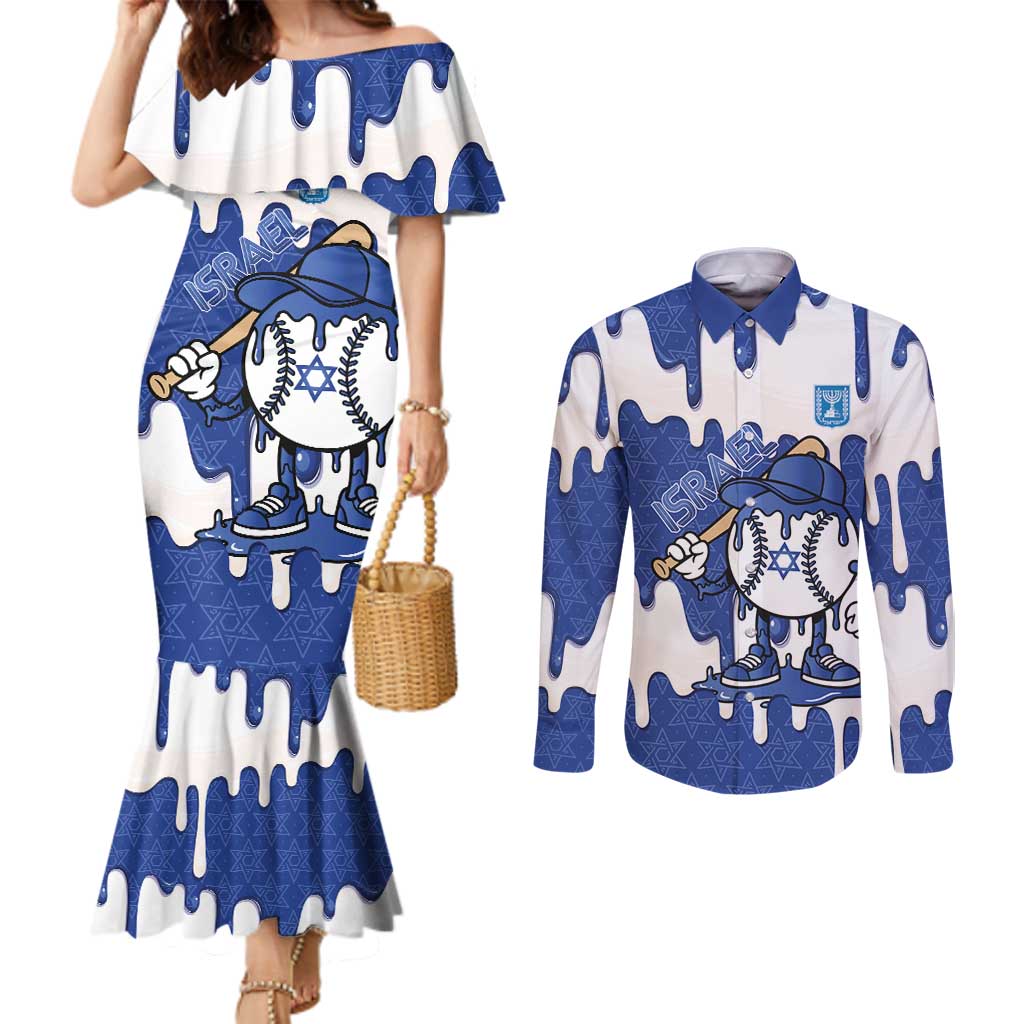 Israel 2026 Baseball Personalised Couples Matching Mermaid Dress and Long Sleeve Button Shirt Star of David Pattern Drip Style