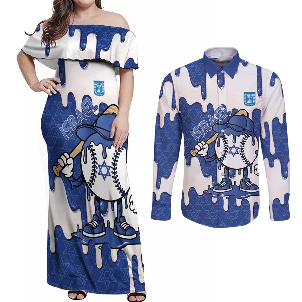 Israel 2026 Baseball Personalised Couples Matching Off Shoulder Maxi Dress and Long Sleeve Button Shirt Star of David Pattern Drip Style
