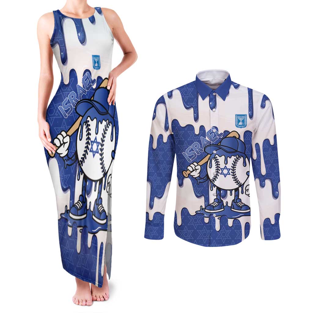 Israel 2026 Baseball Personalised Couples Matching Tank Maxi Dress and Long Sleeve Button Shirt Star of David Pattern Drip Style