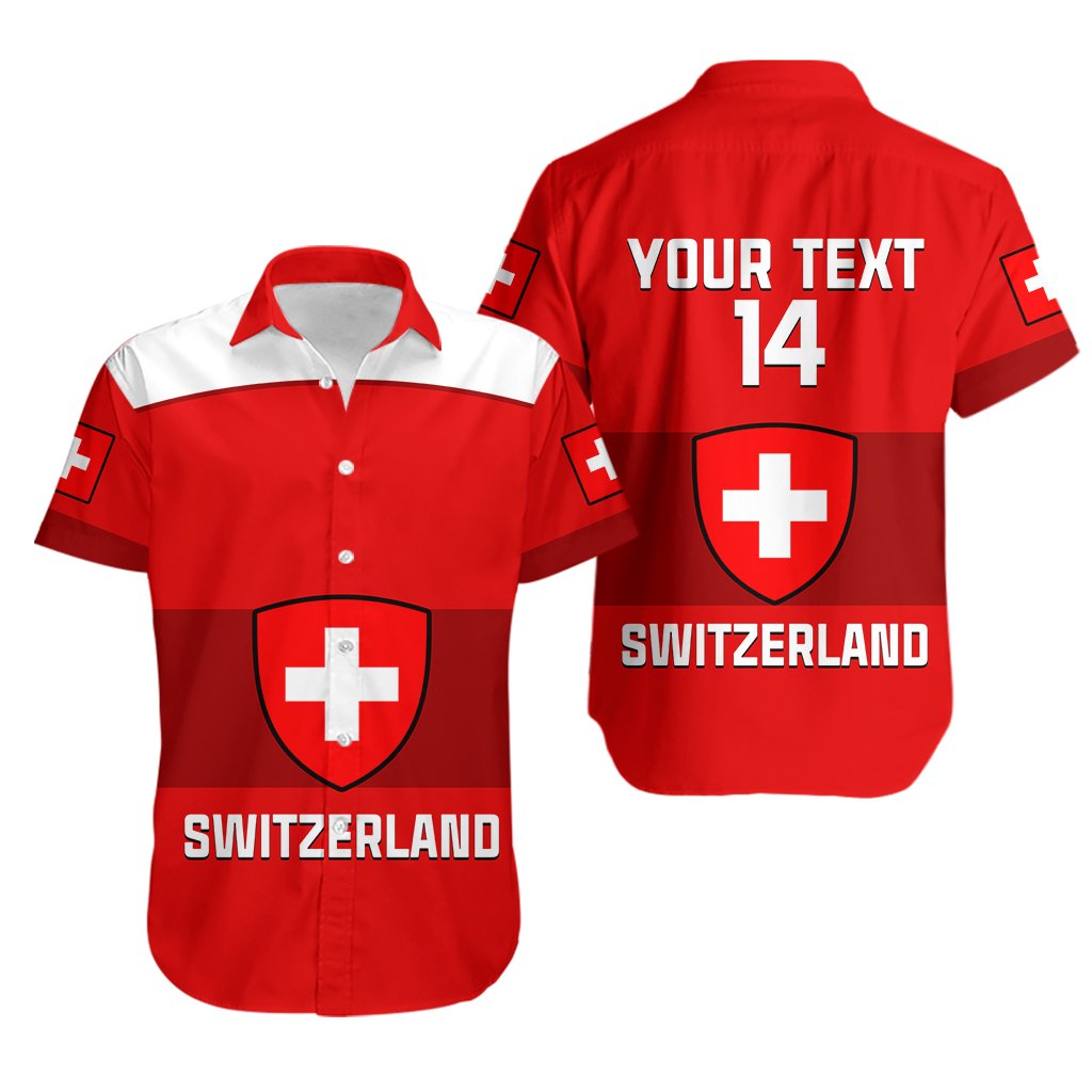 Red button-up shirt with Swiss cross shield and YOUR TEXT 14 back print