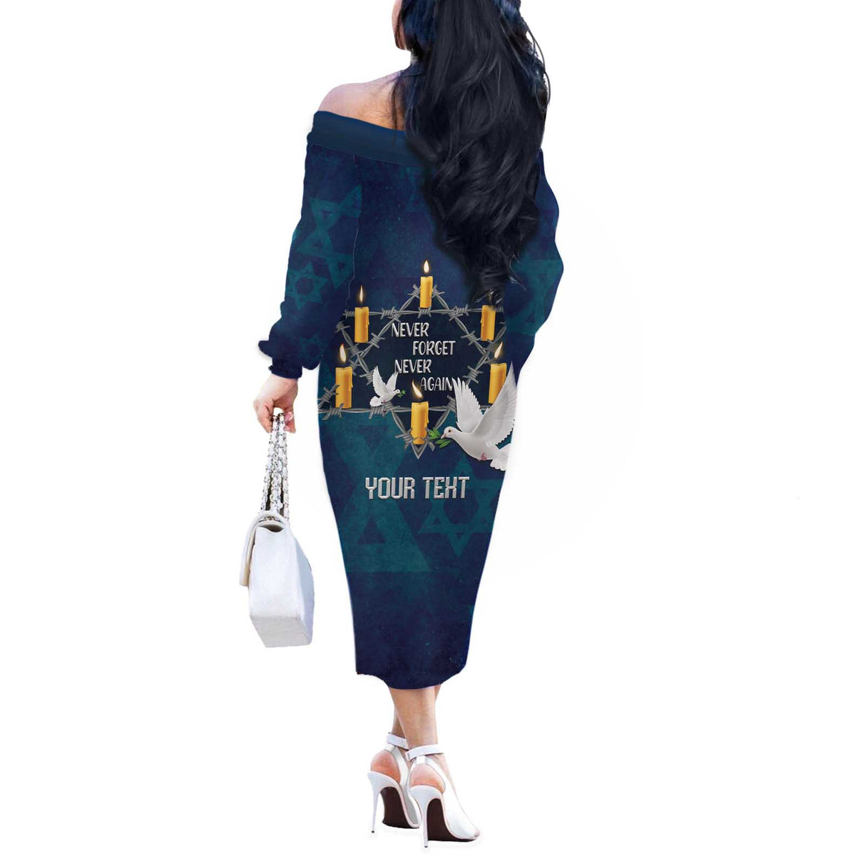 Personalised Israel Holocaust Remembrance Day Off The Shoulder Long Sleeve Dress Yom HaShoah Never Forget Never Again