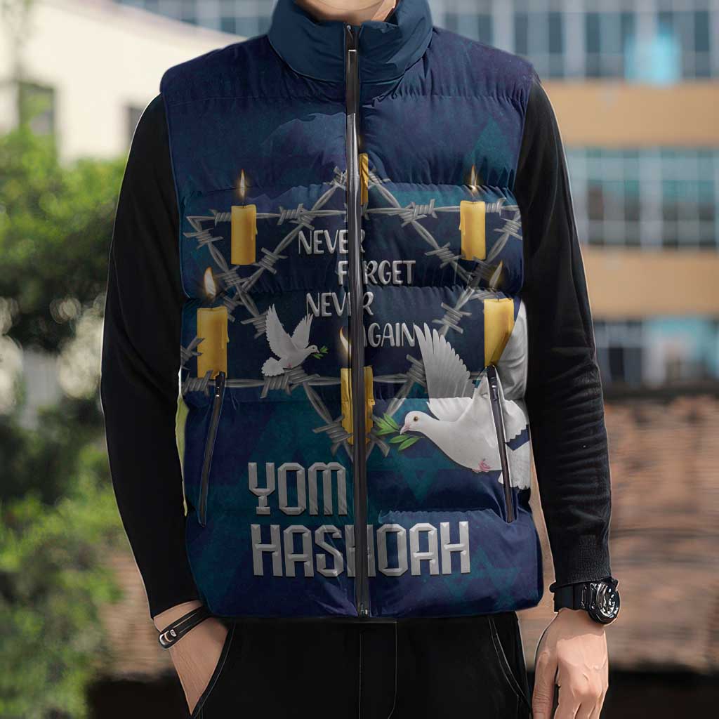 Personalised Israel Holocaust Remembrance Day Sleeveless Puffer Jacket Yom HaShoah Never Forget Never Again