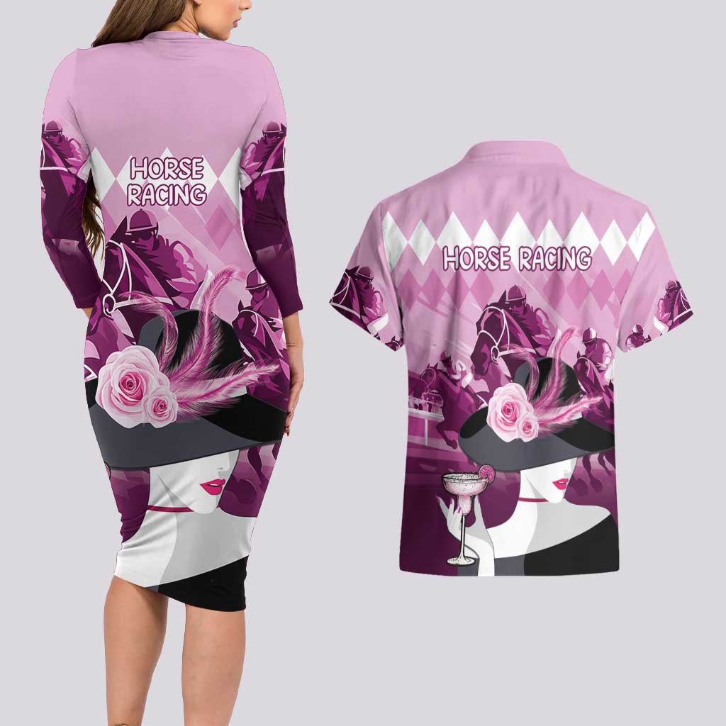 Kentucky Horse Racing Couples Matching Long Sleeve Bodycon Dress and Hawaiian Shirt Derby Mint Julep Girl - Pink Pastel LT14