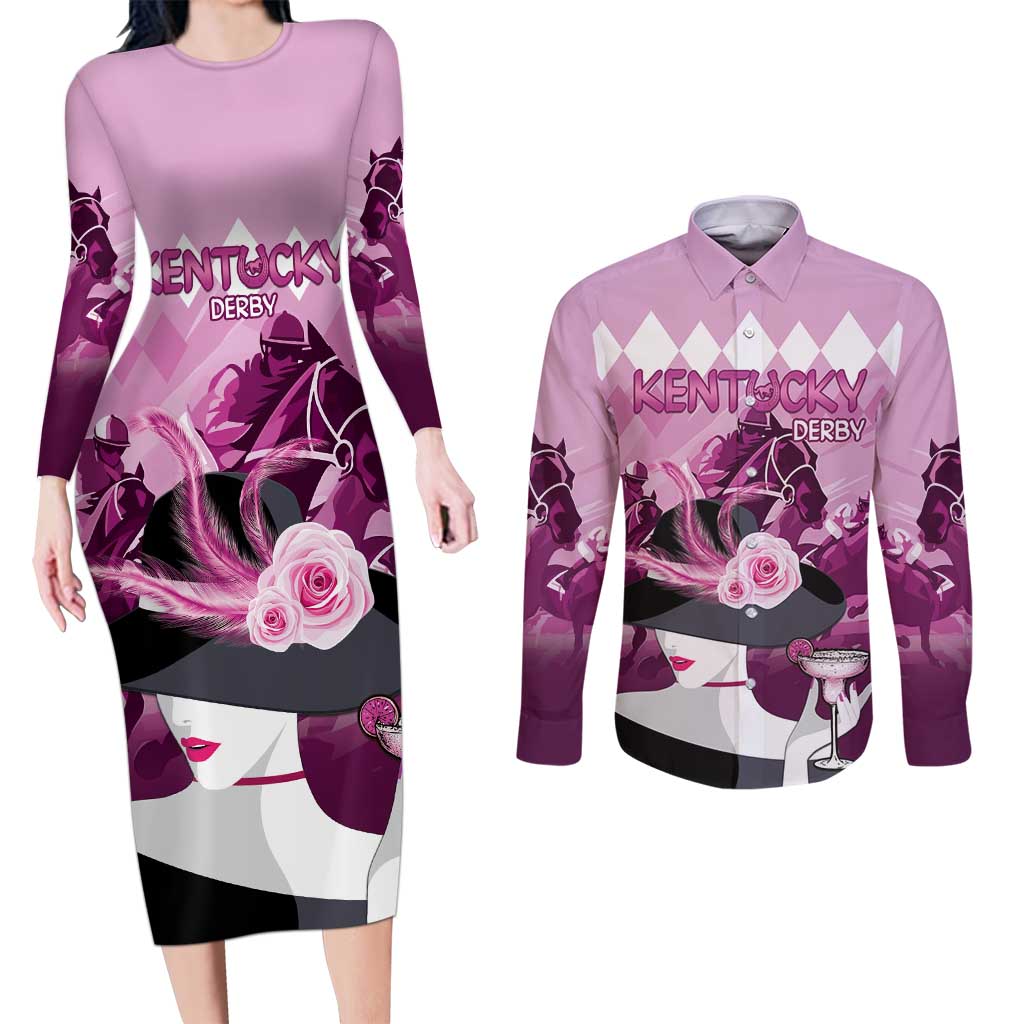 Kentucky Horse Racing Couples Matching Long Sleeve Bodycon Dress and Long Sleeve Button Shirt Derby Mint Julep Girl - Pink Pastel LT14
