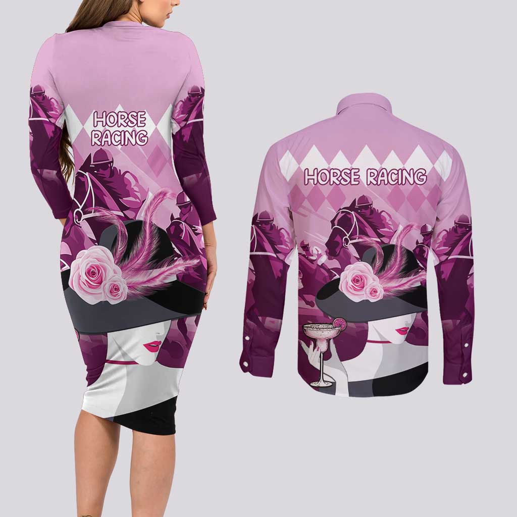 Kentucky Horse Racing Couples Matching Long Sleeve Bodycon Dress and Long Sleeve Button Shirt Derby Mint Julep Girl - Pink Pastel LT14