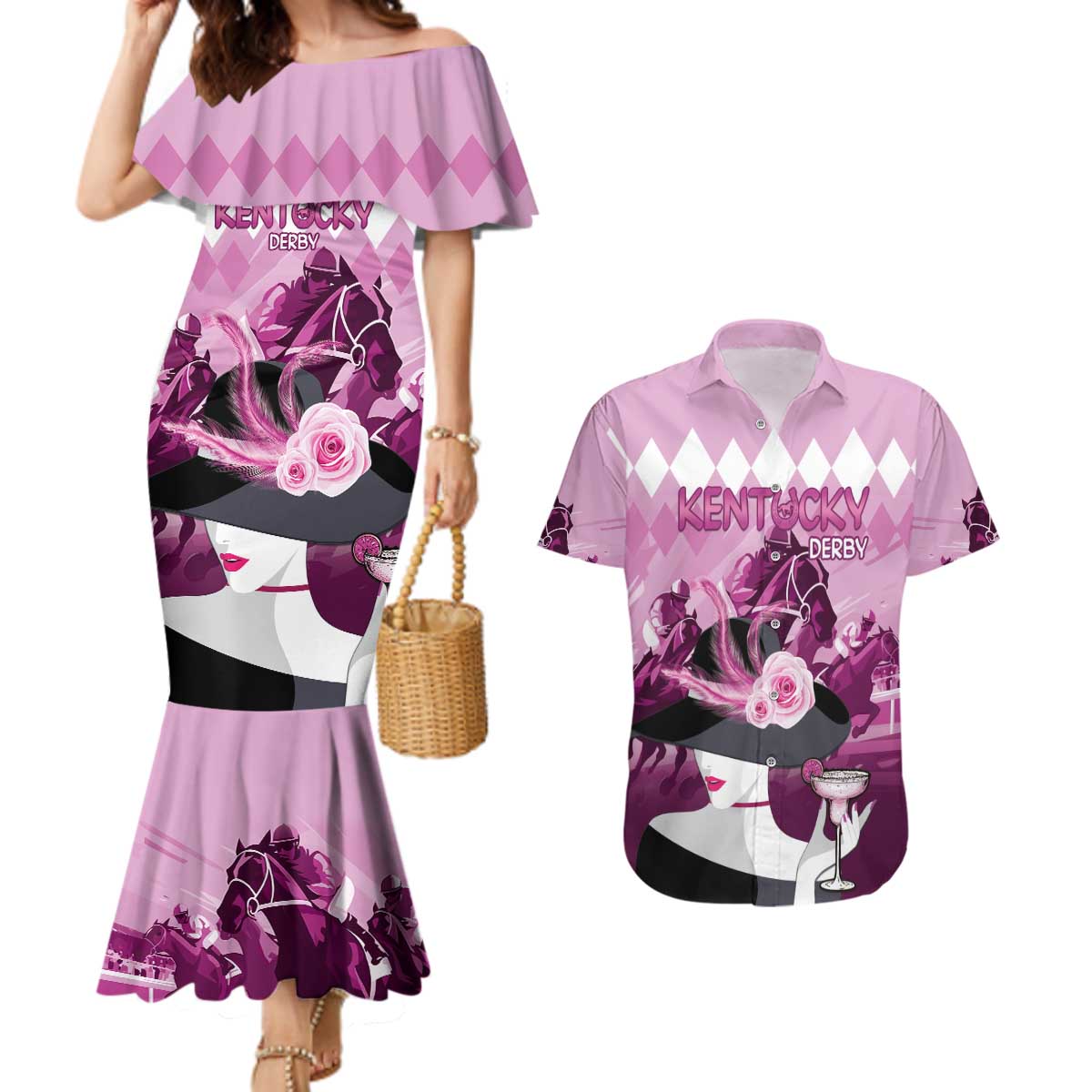 Kentucky Horse Racing Couples Matching Mermaid Dress and Hawaiian Shirt Derby Mint Julep Girl - Pink Pastel LT14