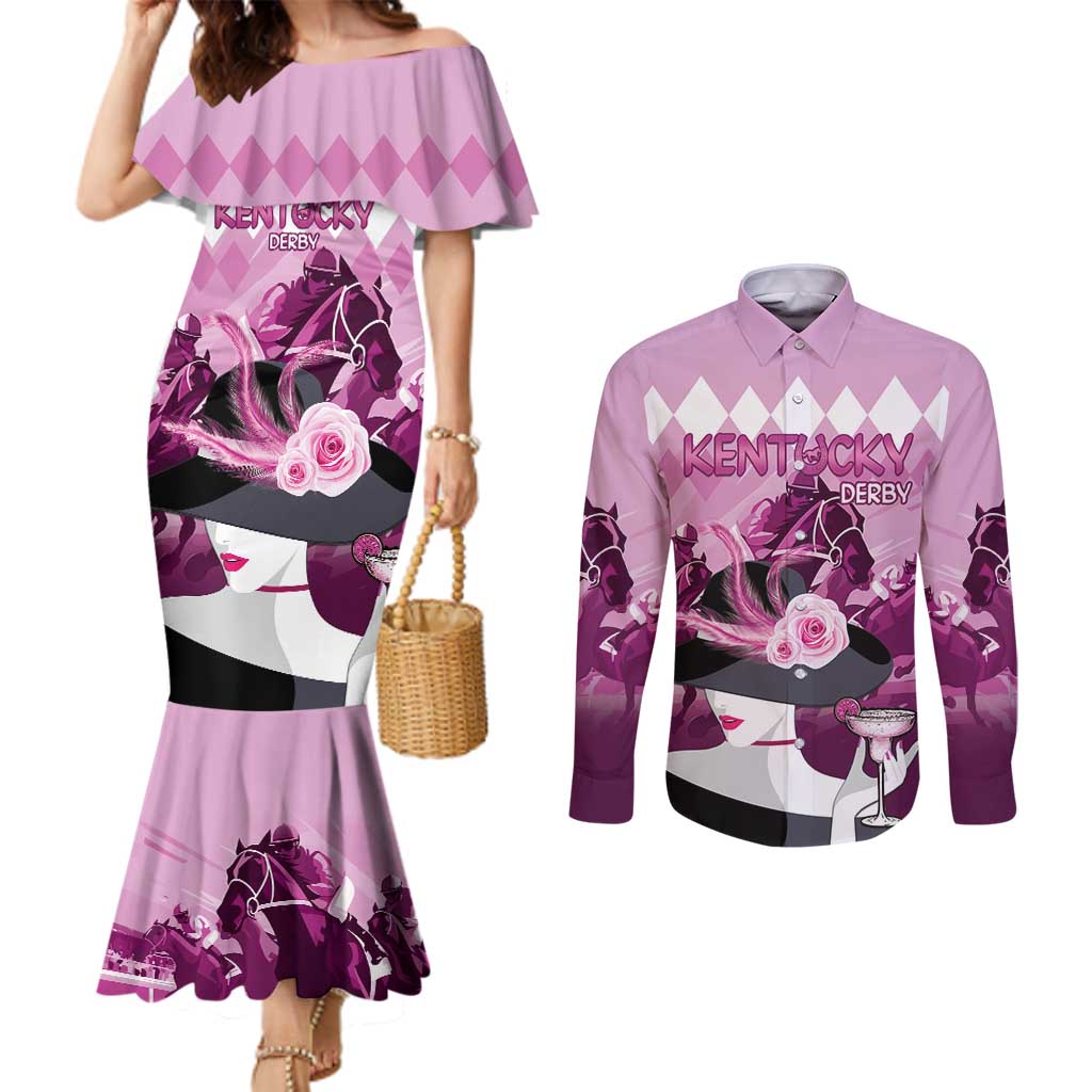 Kentucky Horse Racing Couples Matching Mermaid Dress and Long Sleeve Button Shirt Derby Mint Julep Girl - Pink Pastel LT14