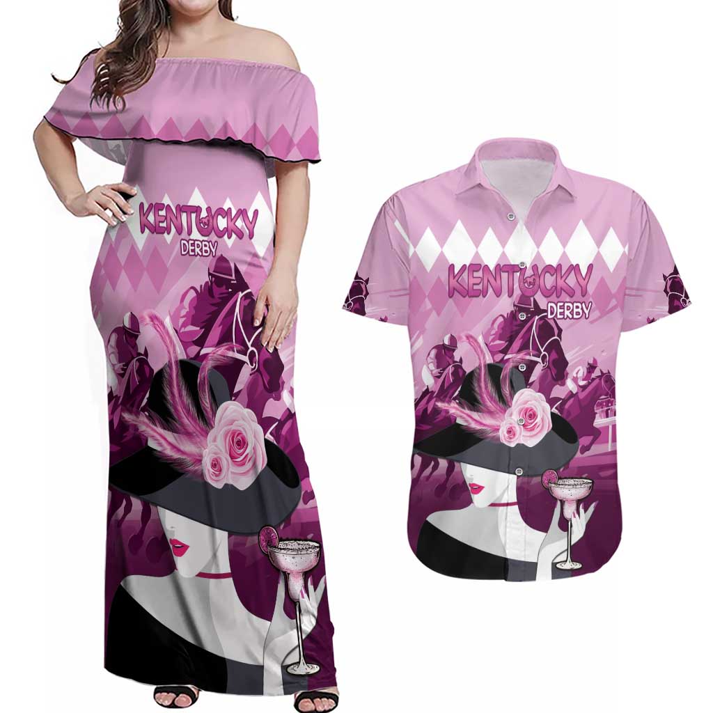 Kentucky Horse Racing Couples Matching Off Shoulder Maxi Dress and Hawaiian Shirt Derby Mint Julep Girl - Pink Pastel LT14