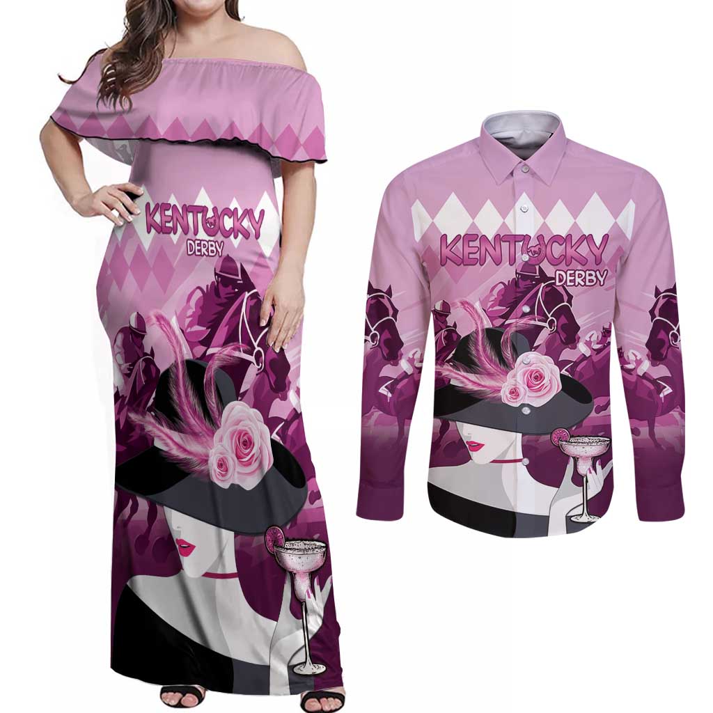 Kentucky Horse Racing Couples Matching Off Shoulder Maxi Dress and Long Sleeve Button Shirt Derby Mint Julep Girl - Pink Pastel LT14